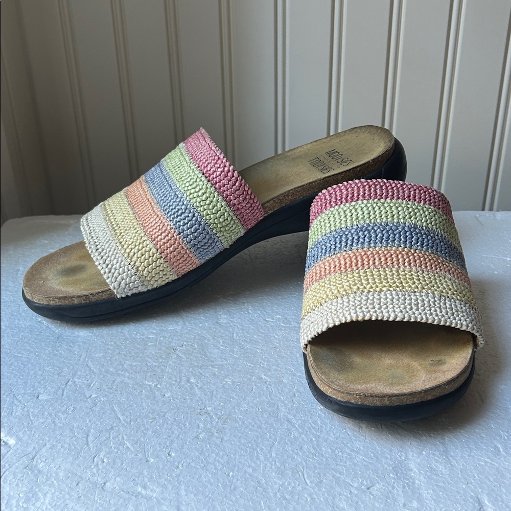 Mootsie Tootsie Emilia cork SlipOn Slides wide rainbow woven band size 9.5